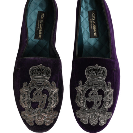 Dolce & Gabbana Purple Velvet Crown Embroidery Loafers Shoes
