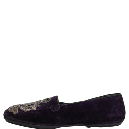 Dolce & Gabbana Purple Velvet Crown Embroidery Loafers Shoes