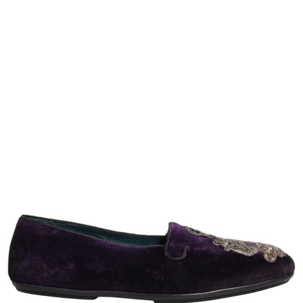Dolce & Gabbana Purple Velvet Crown Embroidery Loafers Shoes
