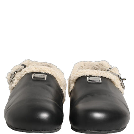 Dolce & Gabbana Beige Black Fur Shearling Slides Sandals Shoes