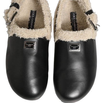 Dolce & Gabbana Beige Black Fur Shearling Slides Sandals Shoes