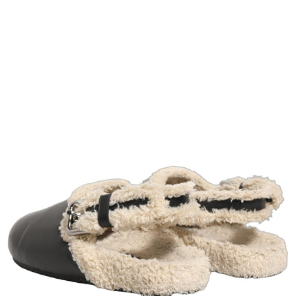 Dolce & Gabbana Beige Black Fur Shearling Slides Sandals Shoes