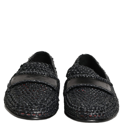Dolce & Gabbana Black Woven Raffia Slip On Loafers Shoes