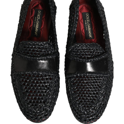 Dolce & Gabbana Black Woven Raffia Slip On Loafers Shoes