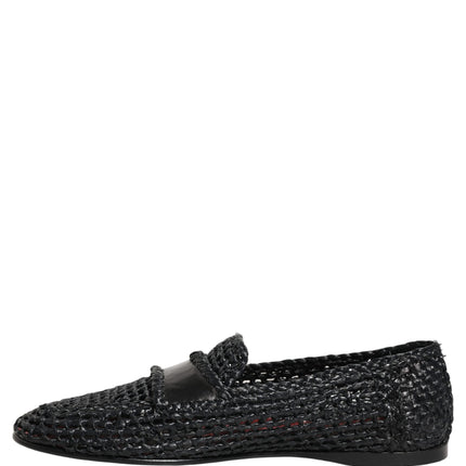Dolce & Gabbana Black Woven Raffia Slip On Loafers Shoes
