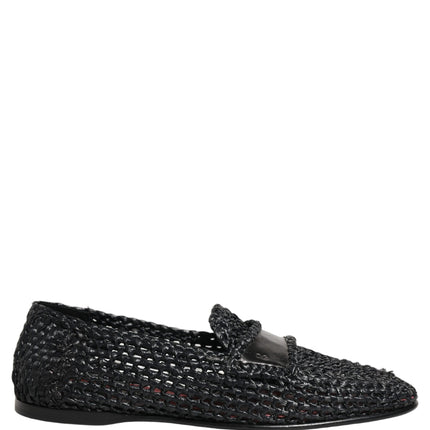 Dolce & Gabbana Black Woven Raffia Slip On Loafers Shoes