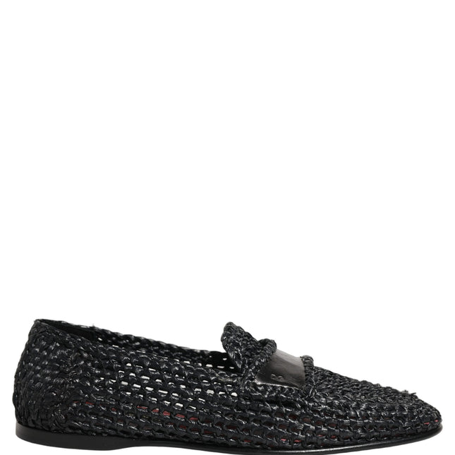 Dolce & Gabbana Black Woven Raffia Slip On Loafers Shoes