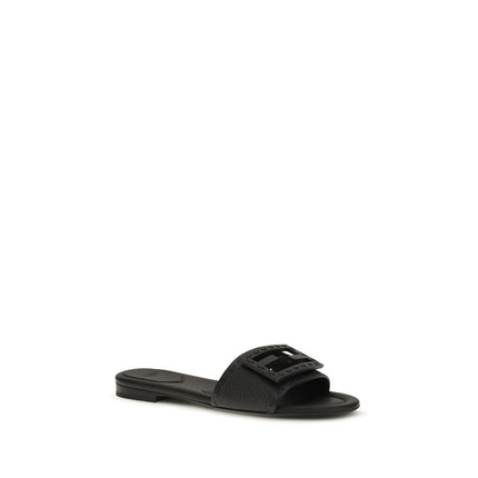 Fendi Black Calf Leather Bos Taurus Flat Sandals