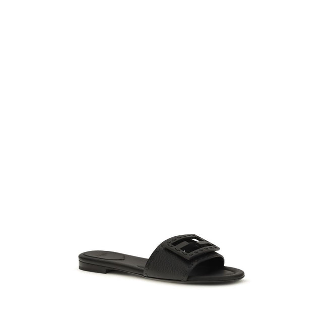 Fendi Black Calf Leather Bos Taurus Flat Sandals
