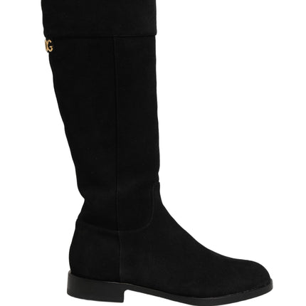 Dolce & Gabbana Black Suede Leather Knee High Boots Shoes