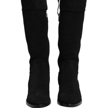 Dolce & Gabbana Black Suede Leather Knee High Boots Shoes