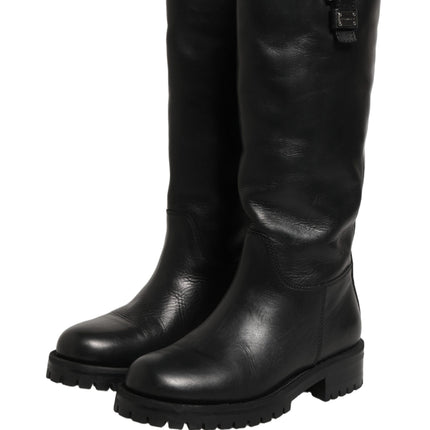 Dolce & Gabbana Black Leather Buckle Detail Mid Calf Boots Shoes