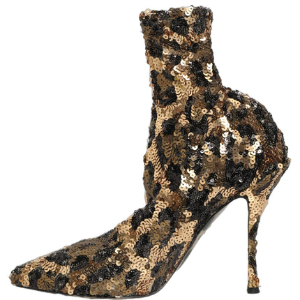 Dolce & Gabbana Gold Leopard Sequin Sock Ankle Boots Shoes