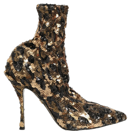 Dolce & Gabbana Gold Leopard Sequin Sock Ankle Boots Shoes