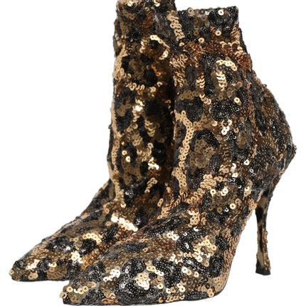 Dolce & Gabbana Gold Leopard Sequin Sock Ankle Boots Shoes