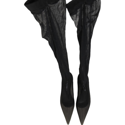 Dolce & Gabbana Black Over The Knee Tulle Flats Boots Shoes