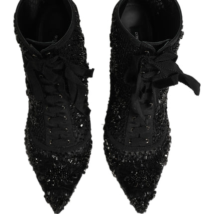 Dolce & Gabbana Black Embellished Mesh Ankle Boots Shoes