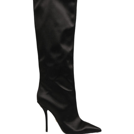 Dolce & Gabbana Black Satin Knee High Stiletto Boots Shoes