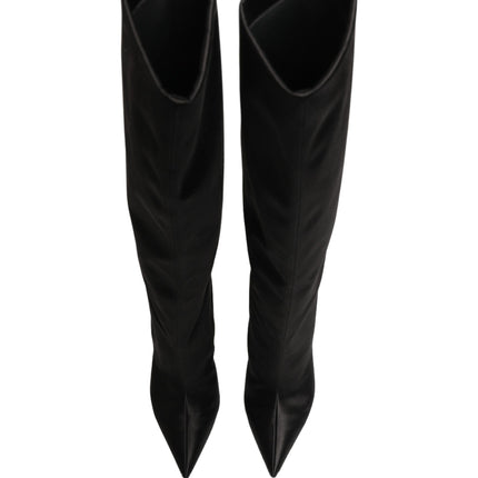 Dolce & Gabbana Black Satin Knee High Stiletto Boots Shoes