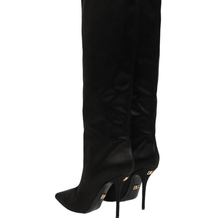 Dolce & Gabbana Black Satin Knee High Stiletto Boots Shoes