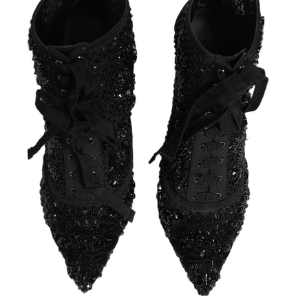 Dolce & Gabbana Black Embellished Mesh Ankle Boots Shoes