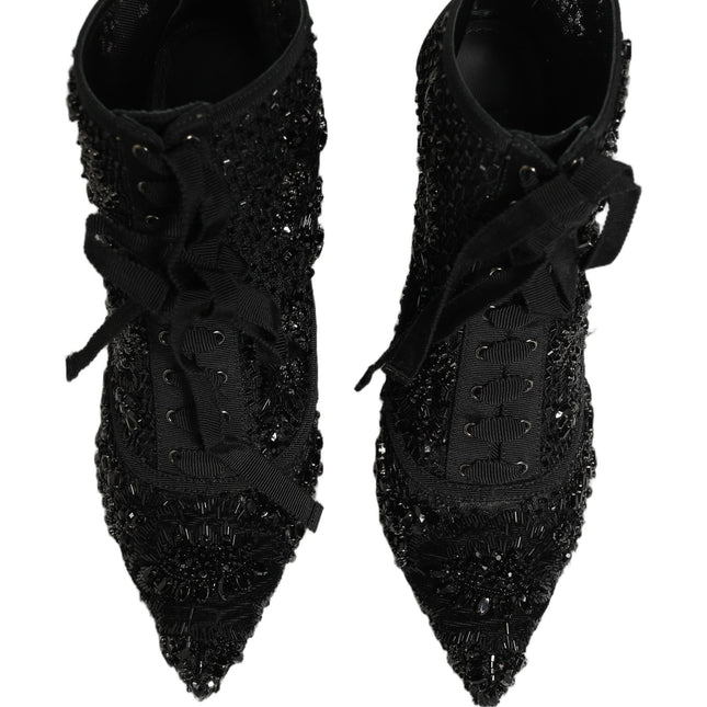 Dolce & Gabbana Black Embellished Mesh Ankle Boots Shoes