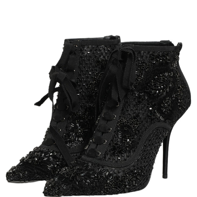 Dolce & Gabbana Black Embellished Mesh Ankle Boots Shoes