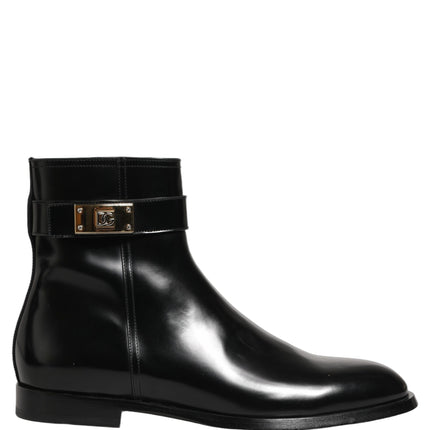 Dolce & Gabbana Black Leather Logo Buckle Mid Calf Boots Shoes