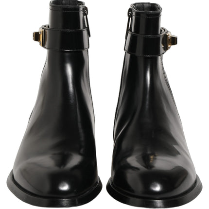 Dolce & Gabbana Black Leather Logo Buckle Mid Calf Boots Shoes