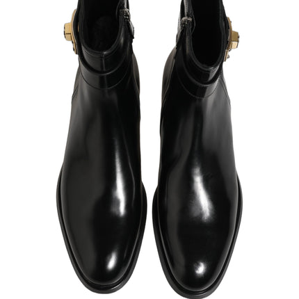 Dolce & Gabbana Black Leather Logo Buckle Mid Calf Boots Shoes