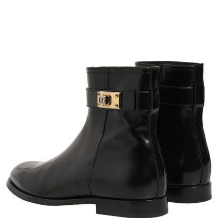 Dolce & Gabbana Black Leather Logo Buckle Mid Calf Boots Shoes
