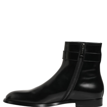 Dolce & Gabbana Black Leather Logo Buckle Mid Calf Boots Shoes