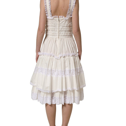 Dolce & Gabbana White Cotton Poplin Ruffled Midi Dress