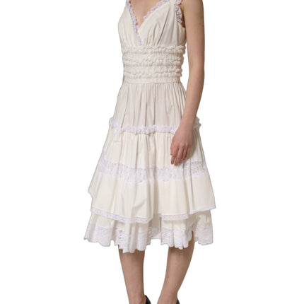 Dolce & Gabbana White Cotton Poplin Ruffled Midi Dress