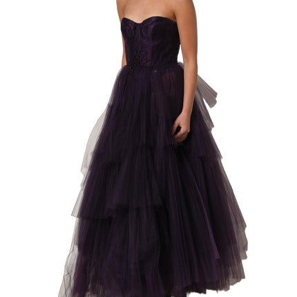Dolce & Gabbana Purple Tiered Tulle Silk Long Gown Dress
