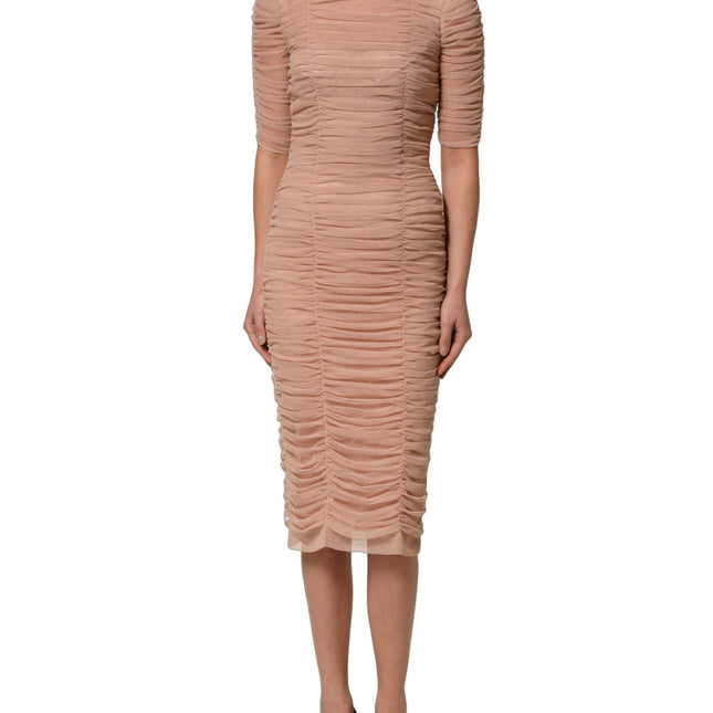 Dolce & Gabbana Beige Cotton Mesh Ruched Sheath Midi Dress