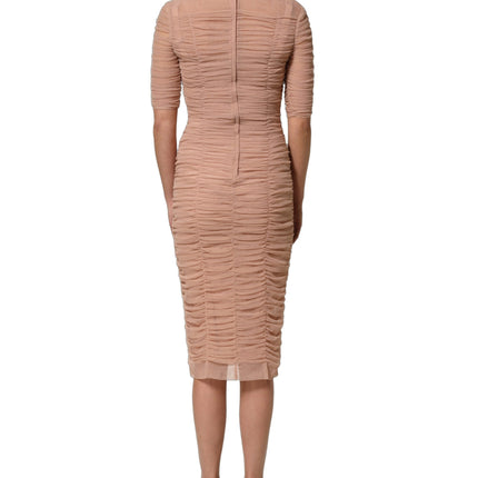 Dolce & Gabbana Beige Cotton Mesh Ruched Sheath Midi Dress