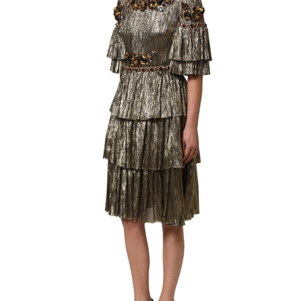 Dolce & Gabbana Metallic Gold Embellished Tiered Midi Dress