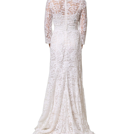 Dolce & Gabbana White Cotton Floral Lace Long Gown Dress