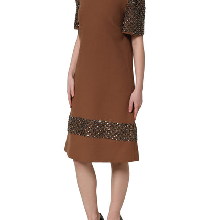 Dolce & Gabbana Brown Wool Rhinestone Embellished Midi Dress