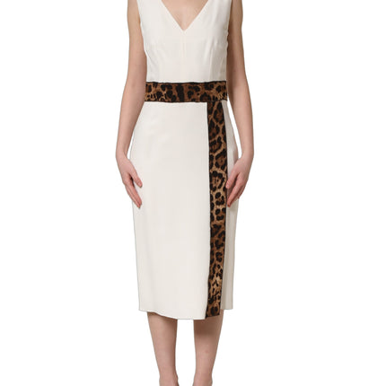 Dolce & Gabbana White Leopard Sleeveless Sheath Midi Dress