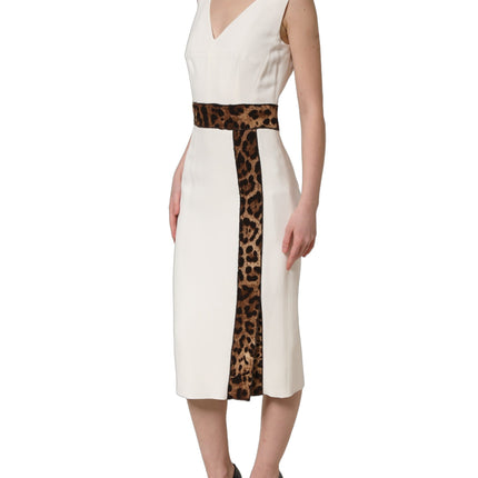 Dolce & Gabbana White Leopard Sleeveless Sheath Midi Dress