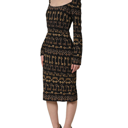 Dolce & Gabbana Black Key Print Long Sleeves Sheath Midi Dress