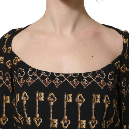 Dolce & Gabbana Black Key Print Long Sleeves Sheath Midi Dress