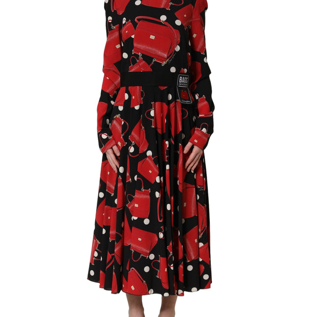 Dolce & Gabbana Black Handbag Print Long Sleeve Midi Dress