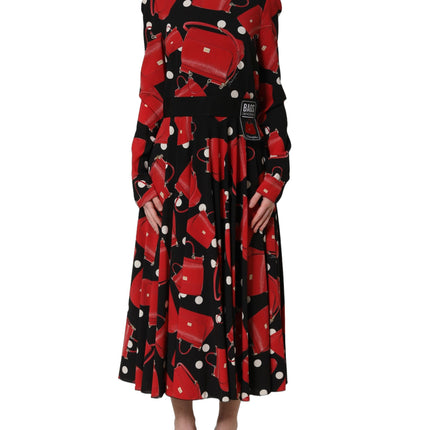 Dolce & Gabbana Black Handbag Print Long Sleeve Midi Dress