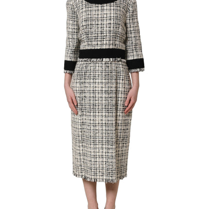 Dolce & Gabbana Multicolor Bouclé Tweed Frayed Trim Midi Dress