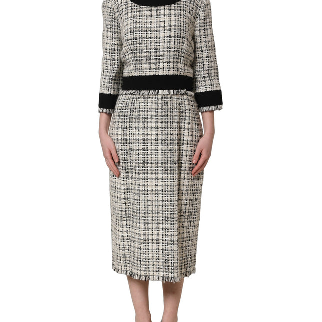 Dolce & Gabbana Multicolor Bouclé Tweed Frayed Trim Midi Dress
