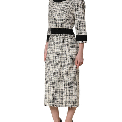 Dolce & Gabbana Multicolor Bouclé Tweed Frayed Trim Midi Dress