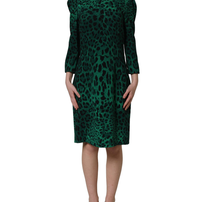 Dolce & Gabbana Green Leopard Print Silk Knee Length Dress